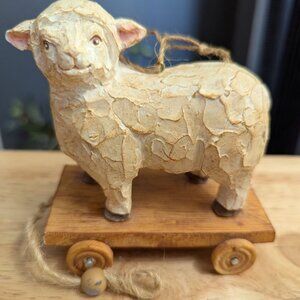 Rustic Wood Resin Sheep on wheels pull ornament 5 inch rustic country unbranded